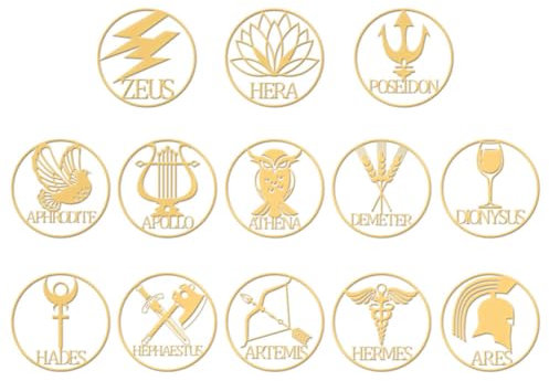 OLYCRAFT 13 Stück 4x4cm Große Aufkleber Mit Symbolen Der Griechischen Götter Selbstklebende Goldene Aufkleber Symbole Thema Für Sammelalben DIY Harzhandwerk Telefon/Wasserflaschen Dekor