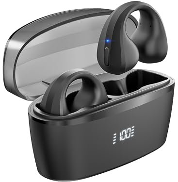 Open-Ear Headphones, Ear clip Wireless Earbuds Bluetooth 5.3, Sports Earphones Built-in Microphone.Air Conduction for Sports,Wireless Charging Case & Display. (Black)