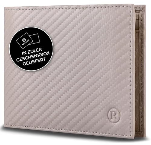RUTAKO Leder Geldbörse Herren mit RFID Schutz - Portemonnaie Groß mit Münzfach - 12 Fächer - Geldbeutel für Männer - Brieftasche Wallet Portmonee Carbon-Beige