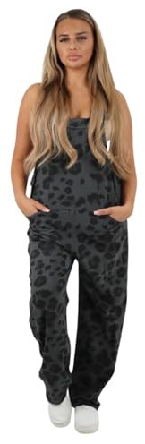 Dungaree Women Leopard Print Jersey Dungaree Jumpsuits Front Tie Knot Design Casual Easy to Wear UK Big Leopard Charcoal 16-18