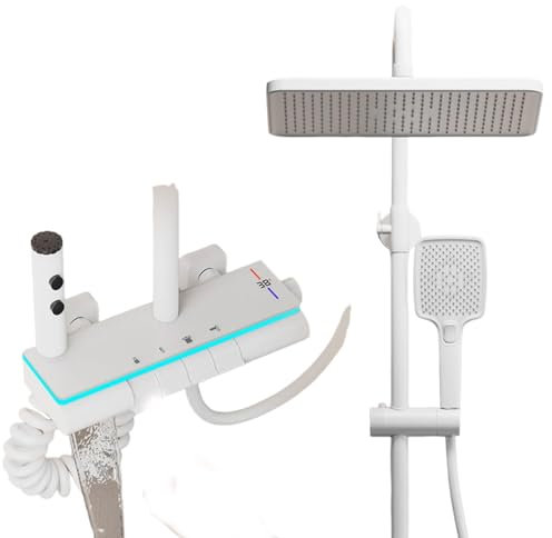 kit doccia termostatico, set moderno con soffione doccia con luce ambiente, tasto pianoforte, display digitale, set completo di rubinetto doccia a pioggia e portatile, rubinetto vasca, altezza r