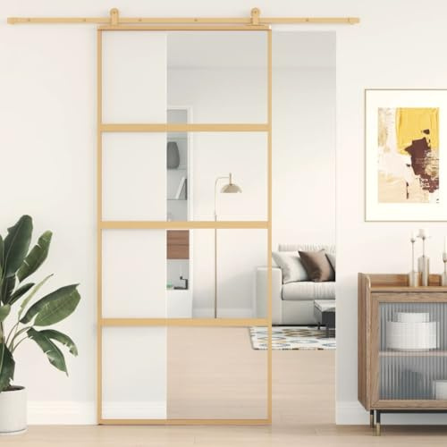 IKAYAA Porta Scorrevole in Vetro Porta Scorrevole Interno Muro in Alluminio e Vetro ESG per Bagno Cucina Studio-Oro-90 x 205 cm
