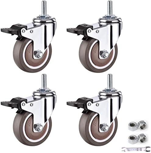AILZCFX Rollen ersetzen, Lenkrollen für Möbel, Rolle mit Gewindestift M12 x 25 mm, bewegliche Rollen, kleine Rollen, Trolley-Räder aus TPE-Gummi, Hochleistungsrollen, 4 Stück (Bremse 63 mm/