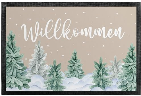 Deko-Fußmatte „Willkommen“ mit Tannen-Design - für Innen & Außen – rutschfest, extra dünn & saugfähig - Türmatte - Eingangsbereich Deko - Geschenk für die Adventszeit, zu Weihnachten, 75 x 50 cm