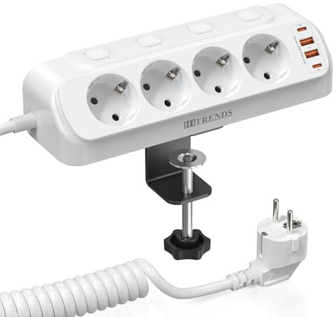 Tischsteckdose 4 Fach mit 2 USB C, Ecksteckdosenleiste mit 4 USB, Schreibtisch Steckdose, Küchensteckdose, Steckdosenleiste Wandmontage, Mehrfachsteckdose mit Schalter - 2M Weiß White