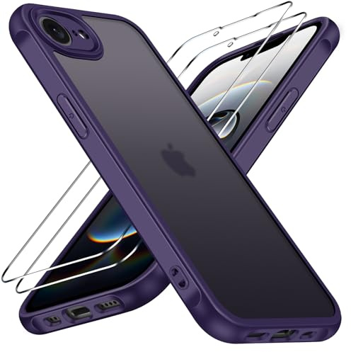ivoler 3 in 1 Case for iPhone 17e/16e 2025 with 2 Pieces Tempered Glass Screen Protectors, Military Standard Shockproof Cell Phone Case, Matte Translucent Anti-Fingerprint Protective Case, Purple