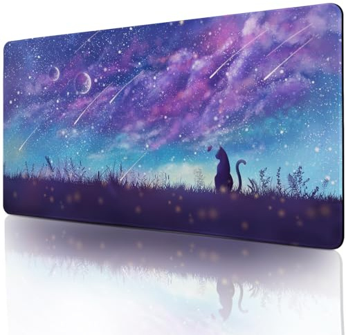 Lila Gaming-Mauspad, XL-Katze, niedliche Schreibtischunterlage, Tastaturmatte, Kawaii-Katze, Himmel-Mauspad, blaue Schreibtischunterlage mit genähten Kanten, rutschfest, große Computermatte, 80 x 30