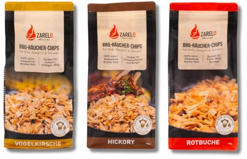 BAVAFIRE BBQ Räucherchips 3x750g - Hickory, Rotbuche & Vogelkirsche Wood Chips für unvergleichlichen Rauchgeschmack - 100% natürliche Holzchips als Zubhör zum Grillen