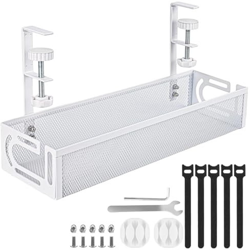 Under Desk Cable Management Tray, No Drill Desk Cable Tidy, Wire Management Tray for Managing Cables and Power Strips, Desk Cable Organizers for Home, Office, Internet Cafe, White