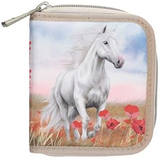 Depesche 13344 Miss Melody Poppy Sand - Portemonnaie in Beige und Blau, mit Pferde Motiv und Mohnblumen, Geldbörse mit Druckknopf