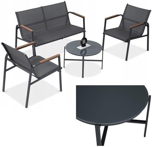 Focus Garden Balkonmöbel-Set Mango Gartenmöbel, 4-teilig - Dunkelgrau - 2 Stühle, Tisch und Sofa - Wetterfeste Möbel für Balkon und Terrasse, Metall Outdoor Lounge-Sitzgarnitur