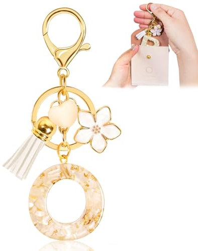 Porte-clés pour Fille Lettre, Porte-clés pour Femme avec Lettre Initiale, Alphabet Pendentif Initiale en Résine, Keyring avec Pendentif Amour et Pampille, Cadeau pour Femme Beige-O