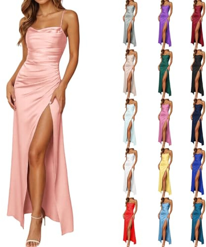 Damen Spaghettiträger Satin Brautjungfernkleider Hochzeit Lange Elegant Ballkleider A-Linie Abendkleid mit Schlitz Sexy Ärmelloses Maxikleid Korsett Plissee Kleider