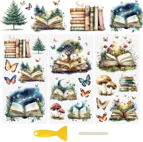 WANDIC 3 Sheets UV DTF Wraps Stickers,Magic Books Cup Decals Furniture Stickers Waterproof Transfers Window Decals for Glass and DIY Crafts