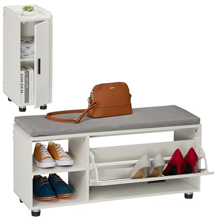 Relaxdays Set da Ingresso con Scarpiera e Mobiletto, Panca Cuscino, Porta Scarpe Camera Letto, Armadio, Bianco Grigio, 48,5x100x35,5 cm