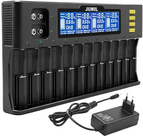 Cargador de baterías 18650, JIUWIIL Cargador rápido de baterías de 12+2 Ranuras con Pantalla LCD para baterías Recargables de Iones de Litio LiFePO4 RCR123 26650 10440 14500 & 9 V