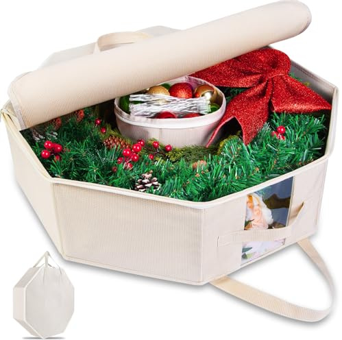 BrilliantJo Wreath Storage Christmas Garlands Bag with Interior Pockets duty 600D Oxford Fabric 24 Inch Xmas Container Box for holiday Decorations Case Zipper Handles Labeling Card Slot Houndstooth