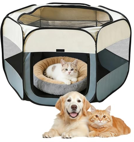 110x110x60cm Faltbar Welpenlaufstall, Tragbarer Laufstall Hund, Hundelaufstall für Wohnung, Hundelaufstall Faltbar Laufstall, für Haustiere, Katzen, Hasen und Kleintiere Sowohl (Beigegrau)