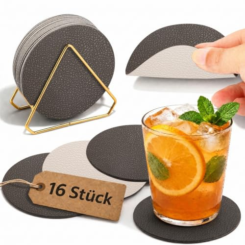 HELI MIAO Glasuntersetzer, 16 Stück, Grau+Beige, Rund, Kunstleder | Doppelseitig, Rutschfest & hitzebeständig, 10cm Durchmesser, Inkl. Aufbewahrungsständer, Für Tisch, Bar, Outdoor