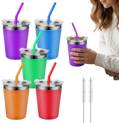 BYZESTY 5 Stück Edelstahl Trinkbecher Mit Deckel Und Strohhalmen, 350ml Trinklernbecher Unbreakable, Wiederverwendbarer Edelstahlbecher Mit Abnehmbaren Silikonhülsen Für Kinder Erwachsene