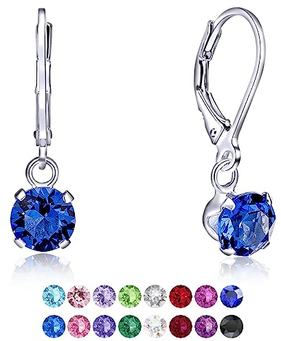 DTPSilver - Damen Klappbügel Ohrringe 925 Sterling Silber mit Kristallen von Swarovski® Elements 6 mm Runde - Farbe : Blauer Saphir