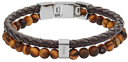 Fossil Men's Leather and Beaded Bracelet, Color: Tigers Eye/Brown (Model: JF03118040)