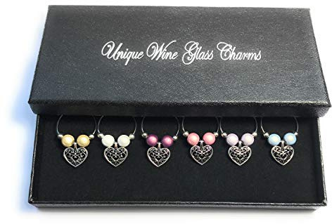 Pastel Colour Antique Hearts Wine Glass Charms with Gift Box