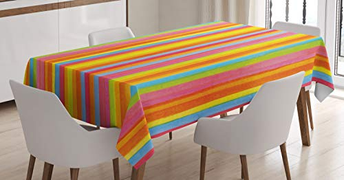 ABAKUHAUS Gestreift Tischdecke, Vertikale Bunte Zeilen, Pflegeleicht Waschbar Schmutzabweisend und mit Klaren Farben Hochwertiger Druck, 140 x 200 cm, Orange Blau