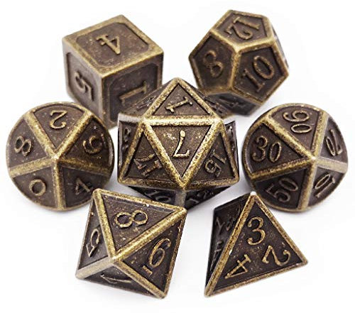Haxtec, Set di dadi in metallo poliedrici per giochi di ruolo da tavolo come DND Dungeons and Dragons, smaltati (bronzo anticato)