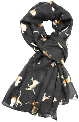 GFM Écharpe à imprimé chats - CT-RG-KL-Noir-Imprimé or rose