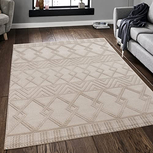 Mynes Home Webteppich Kurzflor Wohnzimmer Teppiche in Beige - 3D Skandinavisches Abstraktes Boho Muster - weich und pflegeleicht - Grösse 200x290 cm