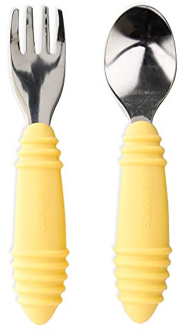 Bumkins Utensils Silicone and Stainless Steel Fork and Spoon Set Toddler Silverware Self Feeding in Pineapple, Pineapple-SFT