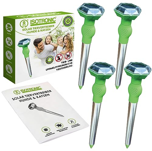 ISOTRONIC Ultraschall Solar Tiervertreiber, Katzenschreck, Hundeschreck bis zu 5m Reichweite, Bewegungsmelder, Wetterfest IP44, NI-MH Akku, Frequenz 25kHz (Grün) (4)