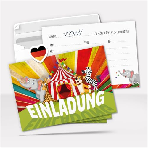 Einladungskarten Kindergeburtstag Zirkus Circus Tiere Zoo - 8 niedliche Karten mit Umschlägen – Made in Germany – Kinder Geburtstag Einladung zum Ausfüllen (vorausgefüllt)