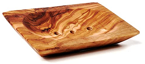 DAS OLIVENHOLZBRETT® Seifenschale mit Löchern und Wasserrinne unter der Ablage/Seifenablage Olivenholz/Seifenhalter aus Holz/rechteckig/eckig/aus Olivenholz/Holz 13cm