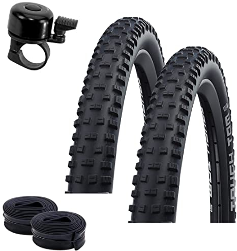 2 x Schwalbe Tough Tom K-Guard Fahrradreifen Pannenschutz Fahrrad Mantel Decke 54-559 (26 x 2,10) + 2 Schwalbe AV13 Schläuche inkl. Fahrradklingel