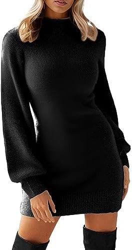 GRECERELLE Womens Jumper Dress Winter Mock Neck Long Sleeve Bodycon Knit Pullover Jumpers Ladies Mini Sweater Dresses (Black, L)
