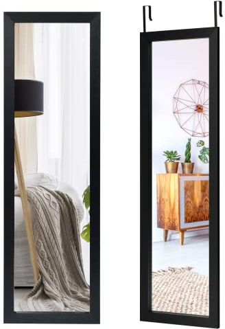 GYMAX Specchio a Figura Intera, Specchio da Parete, Specchio Appeso sulla Porta con 2 Ganci, Specchio Antideflagrante Rettangolare, Stile Semplice, 120x37x1,6 cm (Nero)