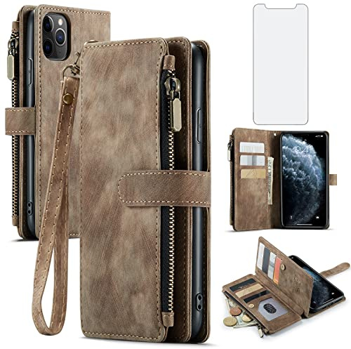 Asuwish Handyhülle für iPhone 11 Pro Max Hülle mit Folie Schutzfolie Kartenfach Klappbar Leder Geldbörse Ständer i-Phone 11ProMax i 11pro ProMax 11max Handy Hüllen Schutzhülle Wallet Phone Case Braun