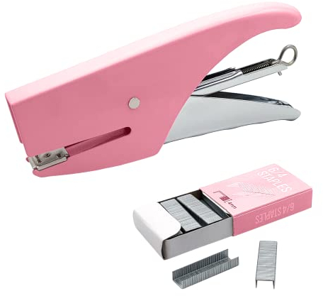Pinzatrice Manuale, Spillatrice a Mano, Cucitrice in Acciaio Per Ufficio, Scuola e Casa, 1000 Graffette Piccole 6/4 Incluse, Punto Chiuso, Impugnatura in Gomma Antiscivolo (PINZATRICE, ROSA)