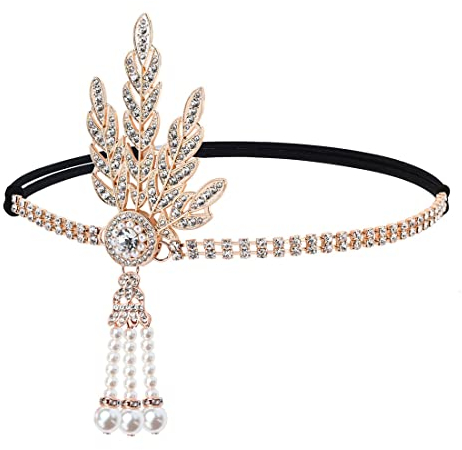 Prosy 1920er Jahre Flapper Stirnband Blatt Rhiestones Gatsby Kopfschmuck Perle Kopfschmuck Kopfbänder 20er Jahre Haarschmuck Kopfkette für Frauen und Mädchen (Gold)