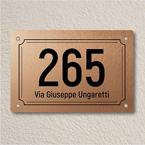 Numero civico personalizzato inciso a laser su laminato plastico, per esterno, 3 misure, vari colori e cornici. (RAME)