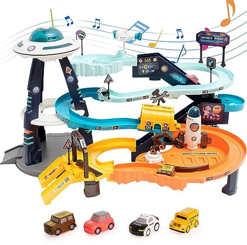 Car Ramp Track Toy Electric Climbing Railcar Vehicles Construction Play Set with 4 Mini Race Cars Space Theme Preschool Gifts for Boys Girls Kids