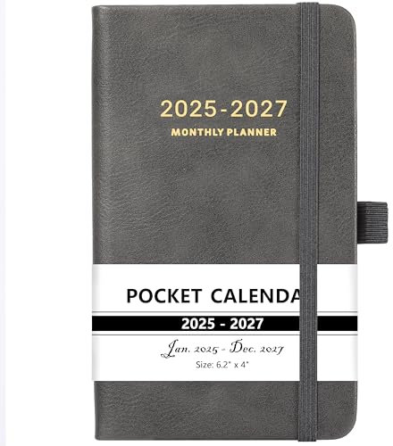 Taschenplaner 2024-2026, Monatskalender (36 Monate) mit 60 Notizseiten, Januar 2024 - Dez. 2026, 15,7 x 10,2 cm, 3-Jahres-Monatsplaner mit Kontakten, Feiertagen und Stifthalter, Rückentasche – Grau