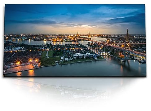 Paul Sinus Kunstdruck Bilder 120x60cm Bhumibol Bridge Bangkok bei Nacht Thailand Horizont