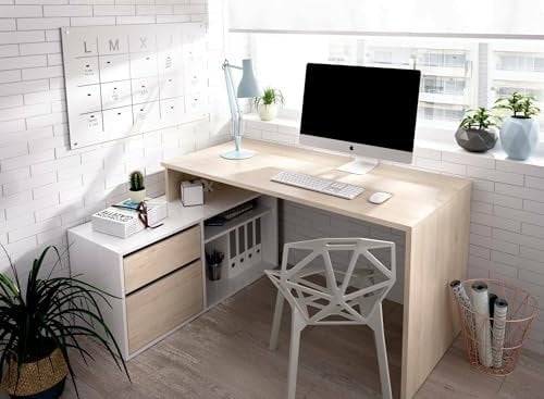 Dmora Scrivania Gardena, Scrittoio Multiposizione da Ufficio o cameretta, Tavolo da Studio angolare Multiuso, 139x92h75 cm, Bianco Lucido e Rovere