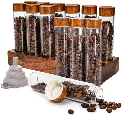 Goaste 12 Pack Coffee Bean Storage Tubes, Glass Cellars with Wooden Stand, Dosing Vials with Lids and Funnel for Tea, Spices, 2oz