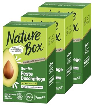 Nature Box Sanfte Feste Duschpflege mit Avocado-Duft (3x 100 g), pflegende Duschseife mit kaltgepresstem Avocado-Öl, extra schäumendes festes Duschgel, recycelbare Verpackung