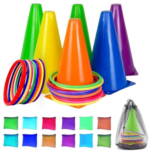 CircleCraft 31 Pcs. Plastic Cones and Rings Games Ring Toss Games for Adults, Carnival Games for Kids, Bean Bag for Kids Games Birthday Party, Yard Game, Sports & Outdoor Game for Family Party