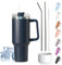 Tuocal 40oz Tumbler with Straw Lid and Handle + 2 Stainless Steel Straws + Silicone Boot, 1180 ml Double Wall Vacuum Insulated Cup, Car Coffee Mug, Travel Water Bottle for Hot Iced Coffee, Navy
